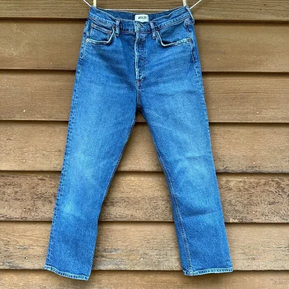 Agolde Riley Crop Button Fly High Waist Straight Leg Blue Jeans Size 28 - Picture 1 of 16